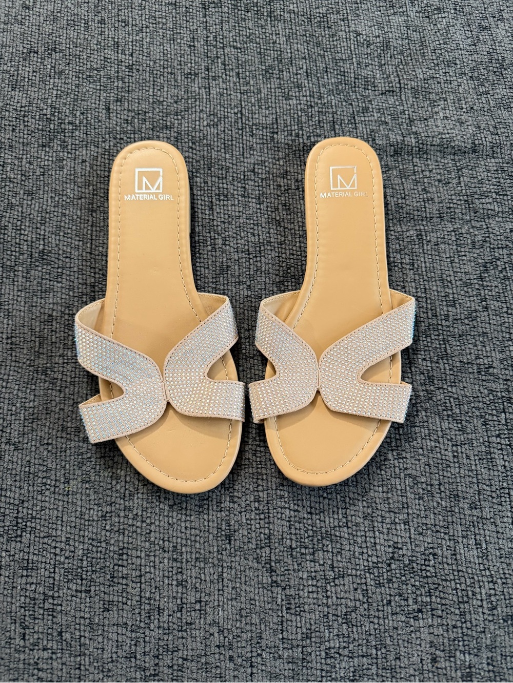 Material Girl Women's Tan Slides with Sparkle Straps NWOT